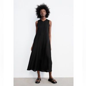 Zara Black Linen Blend Midi Dress | sz Small